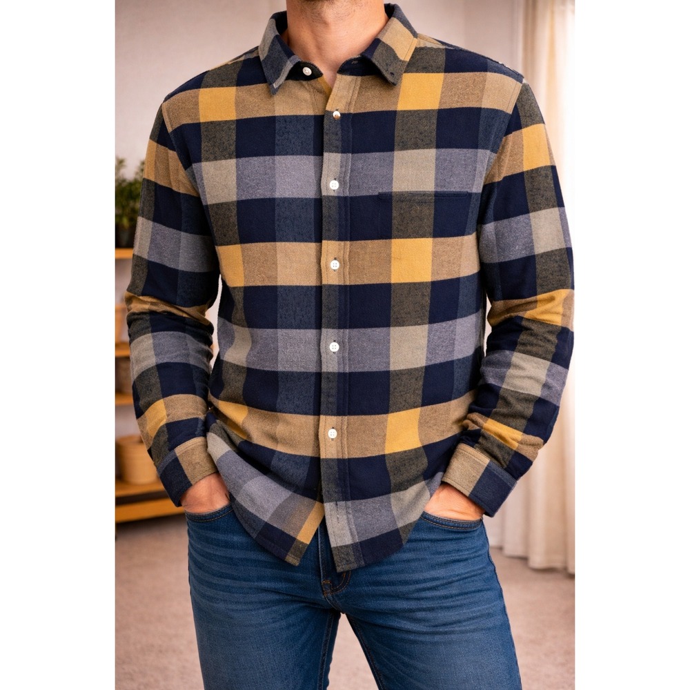 Yellow Navy Blue Buffalo Plaid Flannel Button Down Shirt Mens Large Long Sleeve